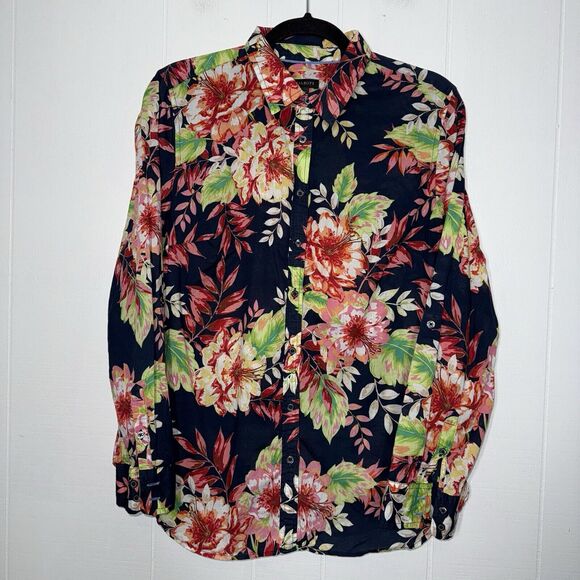 Talbots Women’s Floral Cotton Button Up Shirt Navy Size Medium - Picture 1 of 6